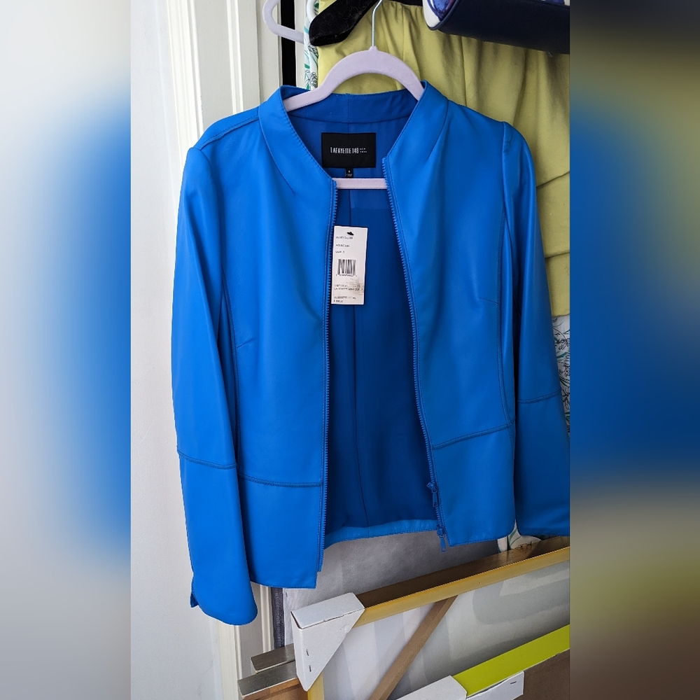 Lafayette beautiful blue leather jacket NWT size 8